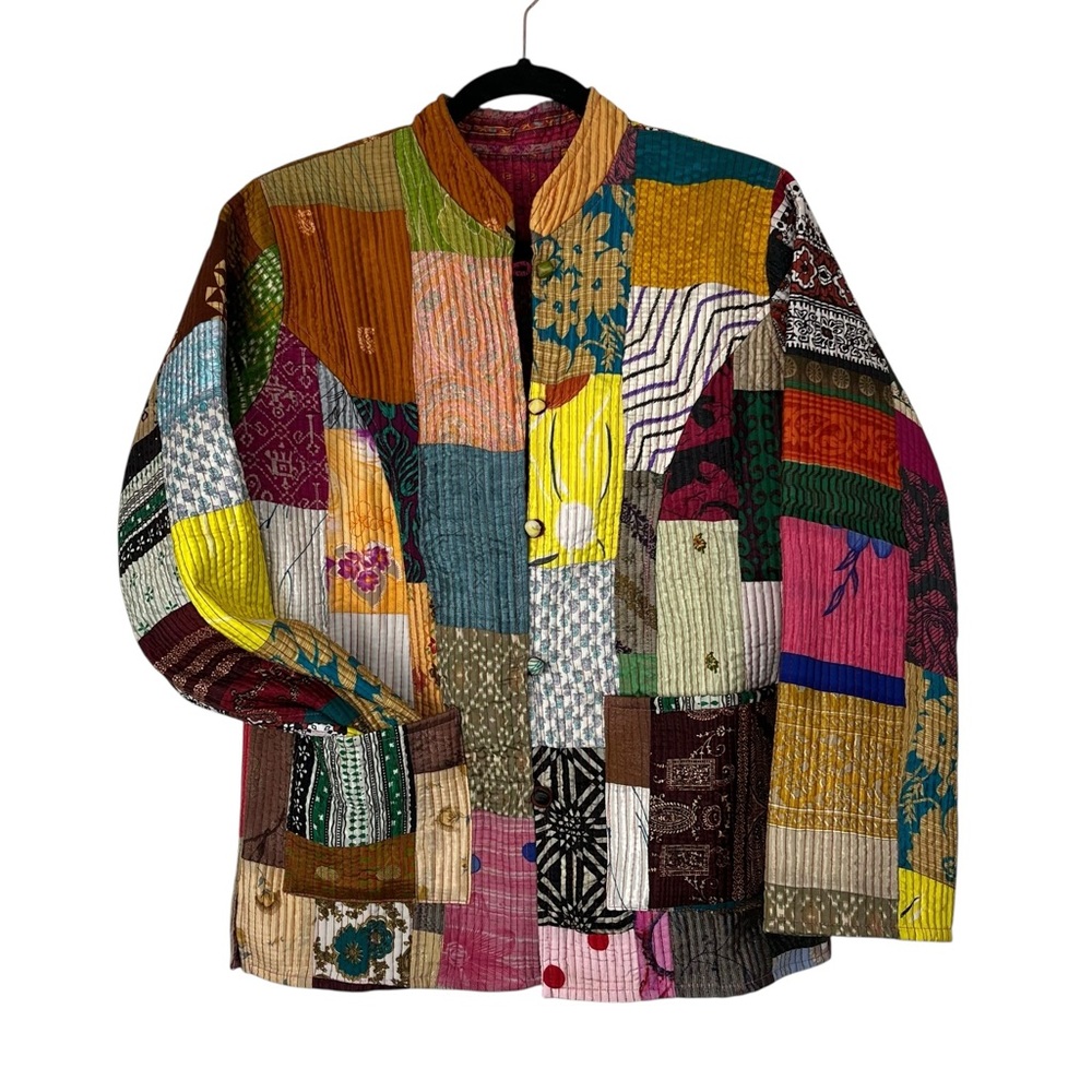 Like New Boho Indian Kantha Quilted Patchwork Silky Reversible Jacket